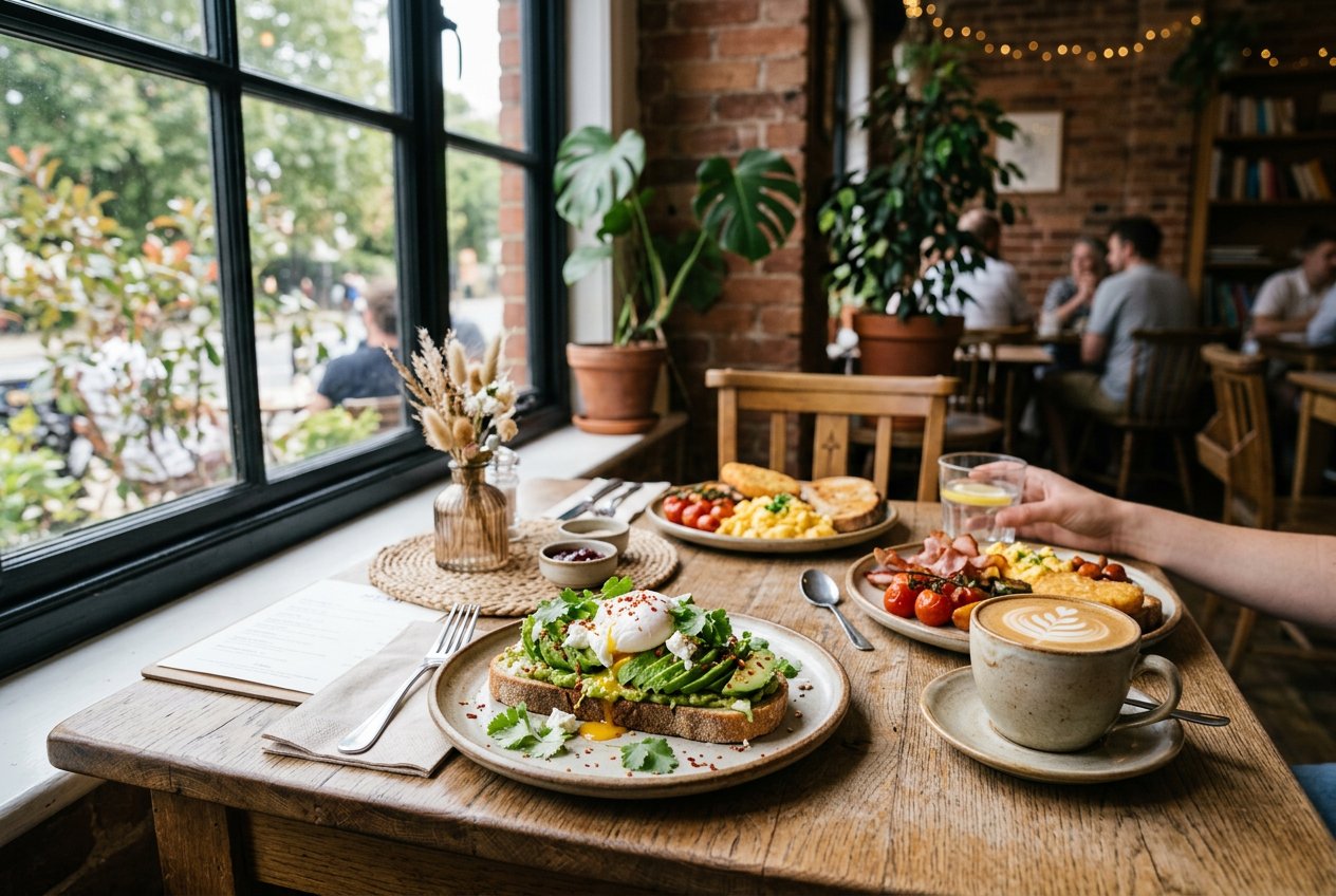 Café seating area with brunch plates and coffee by the window at Ratna Café