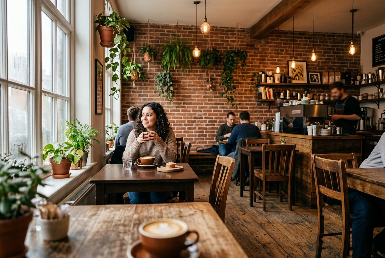 Cozy interior of Ratna Café with wooden tables, hanging plants and warm morning light