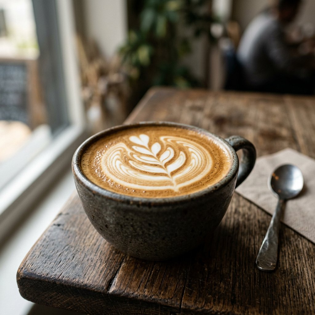 Rosetta latte art in a ceramic cup served at Ratna Café
