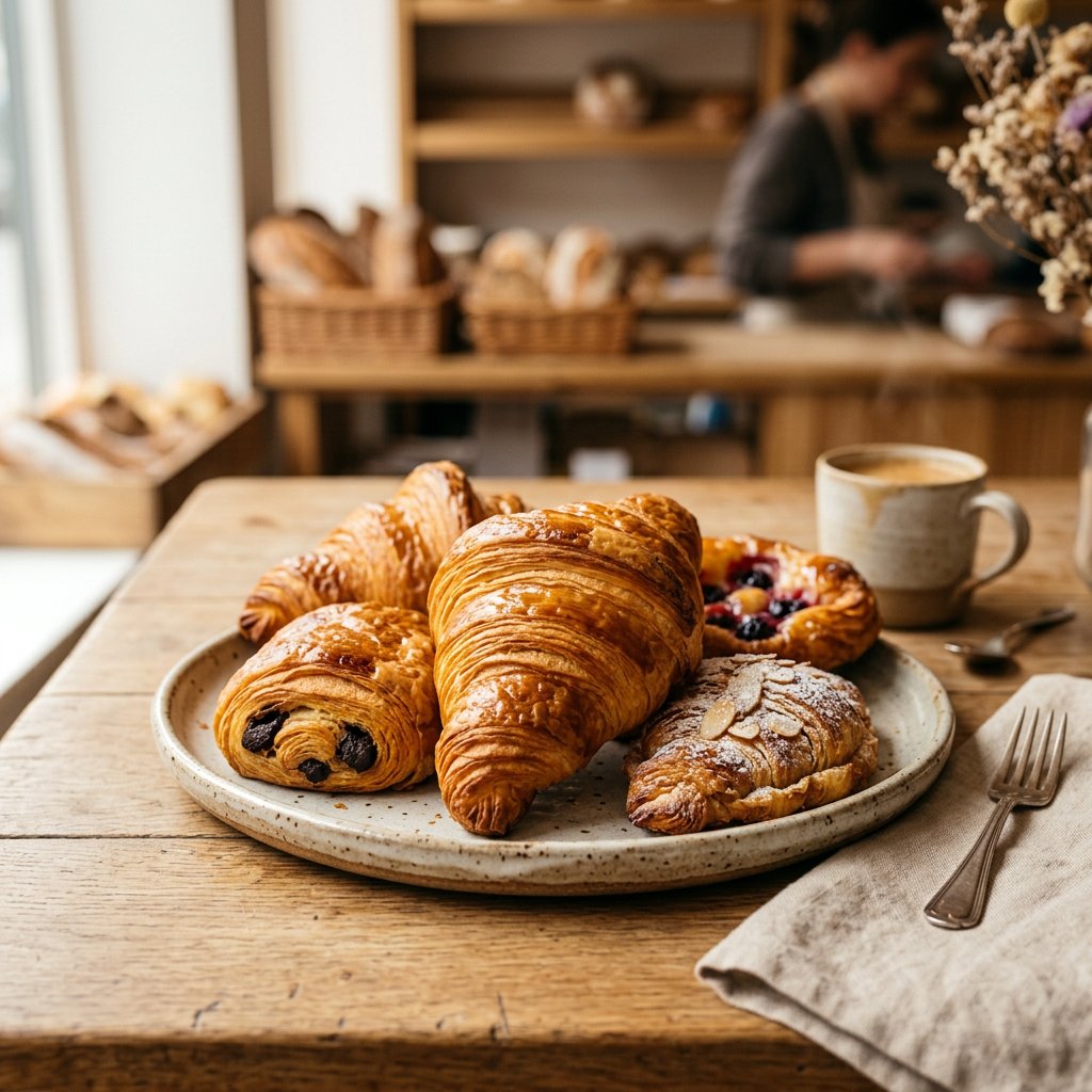 Fresh croissants and artisan pastries on a ceramic plate at Ratna Café