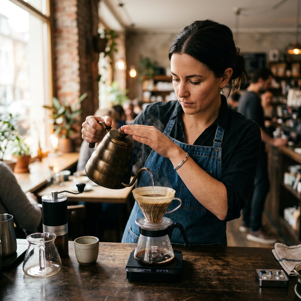 Barista pouring water from a gooseneck kettle over a pour-over dripper at Ratna Café